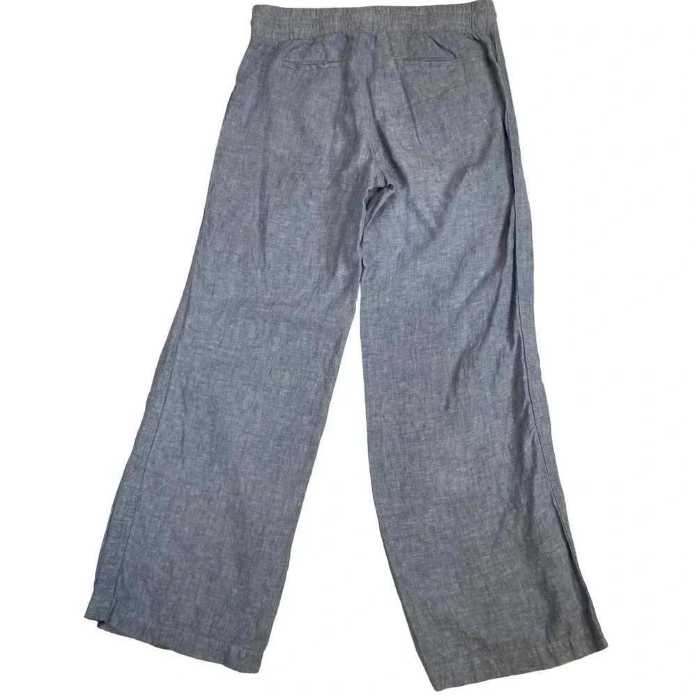 Athleta Cabo 100% Linen Wide Leg Pants Blue Chambray Drawstring 12T Tall Comfy - Picture 3 of 11